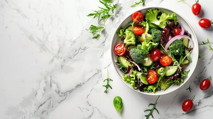 Wall Mural - Vegetarian Salad on White Marble Table Top View with Room for Text