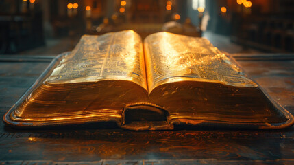 Illuminated Holy Bible, an ancient book with a golden glow, highlighting its sacred and enduring wisdom.