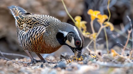 A quail foraging on the ground.