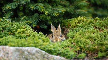 A rabbit hiding under a bush. 