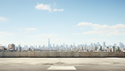 Wall Mural - a city skyline with a parking lot in the foreground and a blue sky with clouds in the background..