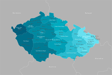 Poster - Vector modern illustration. Simplified administrative map of Czech Republic. Border with nearest states Austria, Germany and etc. Blue shapes of regions. Names of cities and regions