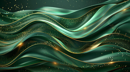 Poster - Luxurious 3D Green Wave Lines with Shiny Gold Curved Decorations and Glitter Illumination on Dark Gradient Background Abstract