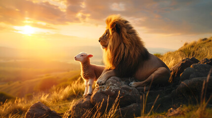 Wall Mural - Lion and lamb Jesus christian son of god king died resurrection easter concept sunrise new day christ holy