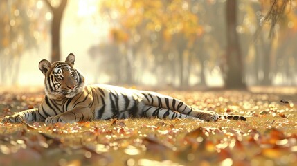  A tiger lying on a yellow leaf-covered forest floor