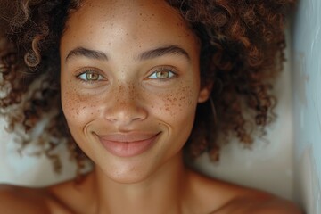 Wall Mural - A high-definition close-up shows a smiling woman with freckles and a natural, relaxed expression