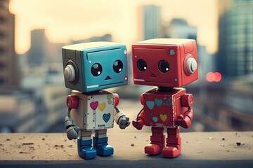 Poster - cute little retro robot couple friends illustration