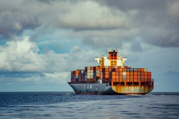 Lone cargo ship laden with containers navigates the vast ocean waters under the golden light of sunset