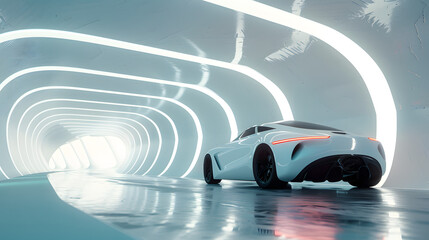 Poster - Futuristic minimal 3D render background backdrop canvas light white ambient architecture. Made for car product portraits mockups graphic artwork