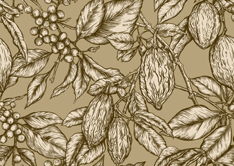 Wall Mural - Coffee tree. Branch with leaves and berries. Cocoa tree branch with cocoa beans, chocolate beans, Seamless pattern, background. Vector illustration. In botanical style