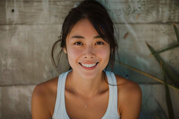 Wall Mural - A woman with a white tank top and a necklace is smiling