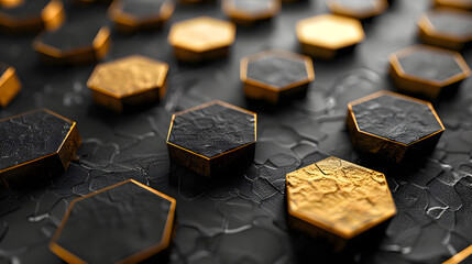 Poster - Design a captivating abstract background featuring 3D, black gold hexagon