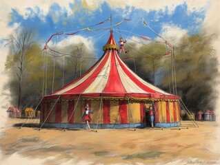 Wall Mural - A circus tent with a red and white striped top. A woman is standing in front of the tent