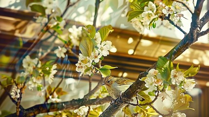 Wall Mural -   A bird perches on a tree branch with white flowers in the foreground and a building behind