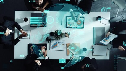 Poster - top down aerial view of business team listening manager present growth sales while giving a high fiv