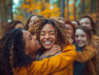 Poster - A group of women are hugging each other in a forest. Scene is warm and friendly