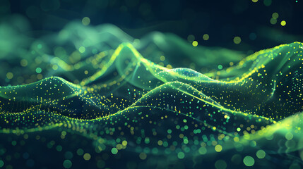 Poster - abstract green wavy lines with particle dots and illumination on dark blue background abstract