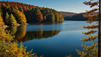 Wall Mural -  lake in the mountains surrounded by trees with autumn foliage