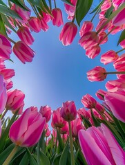 Wall Mural - A close up of a field of pink flowers with a blue sky in the background