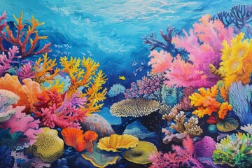 Poster - Exquisite handpainted acrylic underwater seascape painting showcasing vibrant marine life. Colorful coral reef. And the beauty of the ocean ecosystem