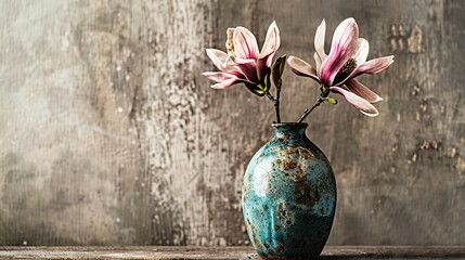 Sticker -  A wooden table holds a vase of pink flowers against a painted wall with peeling paint