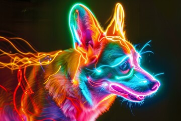 Poster - Vibrant portrait of a dog surrounded by neon light trails, creating a modern, artistic effect