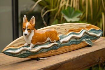 Wall Mural - Artistic wooden sculpture of a corgi dog on a flowing wave, showcasing craftsmanship and detail