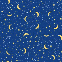 Wall Mural - Starry Night Sky with Crescents and Constellations Pattern