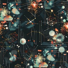 Wall Mural - Abstract Geometric and Floral Cosmic Pattern on Dark Background