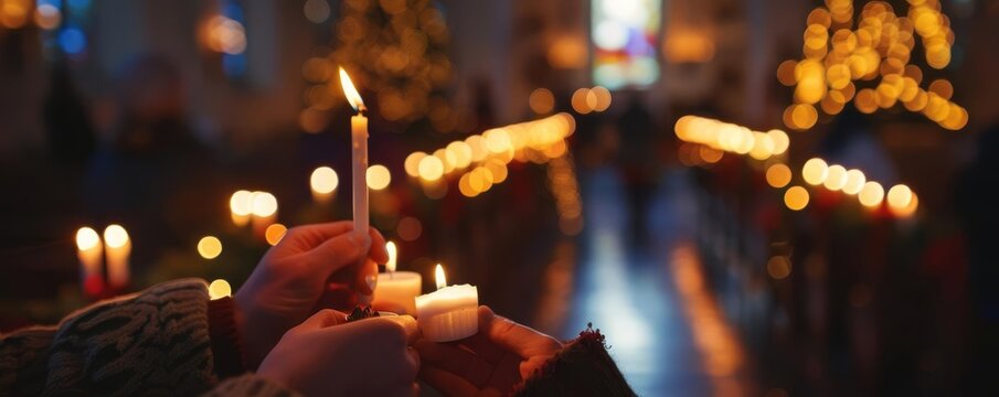 Christmas Eve Service Focus on people holding candles at a Christmas Eve service with a church background, evening light, empty space left for text Christmas