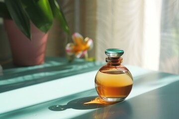 Sticker - Elegant perfume bottle basks in the golden sunlight beside a green plant