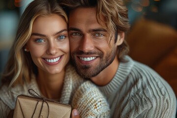 A cozy indoor shot of a handsome man with a young woman holding a gift, representing affection and celebration