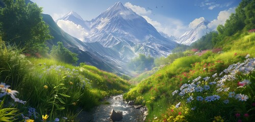 Wall Mural - A serene view of a mountain peak surrounded by lush, green meadows and wildflowers, with a gentle stream flowing through the valley 32k, full ultra hd, high resolution