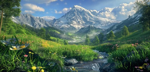 Wall Mural - A serene view of a mountain peak surrounded by lush, green meadows and wildflowers, with a gentle stream flowing through the valley 32k, full ultra hd, high resolution
