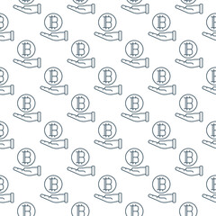 Poster - Hand holding Bitcoin vector Cryptocurrency seamless pattern in outline style