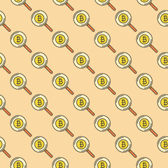Poster - Magnifying Glass and Bitcoin vector Cryptocurrency colored seamless pattern