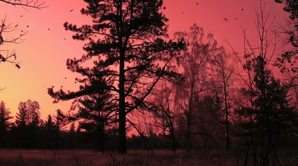 Poster -   The sun is setting in the distance as birds fly over the grass and trees