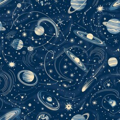 Wall Mural - Enchanting Celestial Bodies and Constellations Pattern on Navy Background