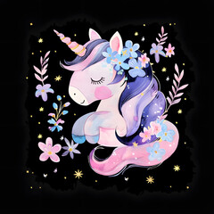 Wall Mural - Cute fairy unicorn watercolor drawing isolated on black background
