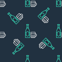 Poster - Line Beer bottle and glass icon isolated seamless pattern on black background. Alcohol Drink symbol. Vector