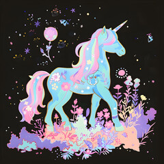 Wall Mural - Cute fairy unicorn watercolor drawing isolated on black background
