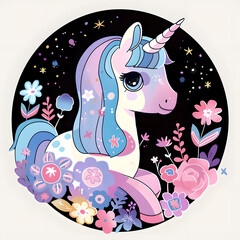 Wall Mural - Cute fairy unicorn watercolor drawing isolated on black background
