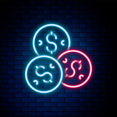 Poster - Glowing neon line Casino chip with dollar symbol icon isolated on brick wall background. Casino gambling. Colorful outline concept. Vector