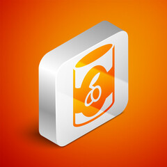 Sticker - Isometric Olives in can icon isolated on orange background. Concept of canned food. Silver square button. Vector