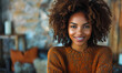 © Bartek - Young Radiant African Woman Smiling Confidently in Stylish Knit Sweater, Epitomizing Natural Beauty, Positivity and Self-Assurance