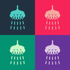 Poster - Pop art Shower head with water drops flowing icon isolated on color background. Vector