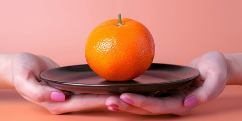 Wall Mural - A woman holds a plate with an orange on it