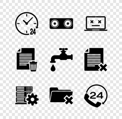 Poster - Set Clock 24 hours, Stereo speaker, Dead laptop, Server setting, Delete folder and Telephone support icon. Vector