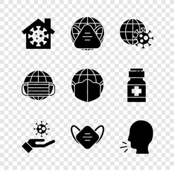 Wall Mural - Set Stay home, Earth with medical mask, globe virus, Hand, Medical protective, Man coughing, and icon. Vector