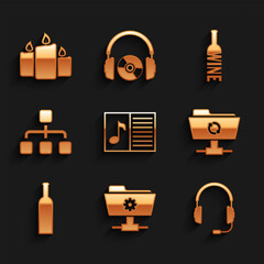 Sticker - Set Music book with note, FTP settings folder, Headphones microphone, sync refresh, Bottle of wine and Hierarchy organogram chart icon. Vector